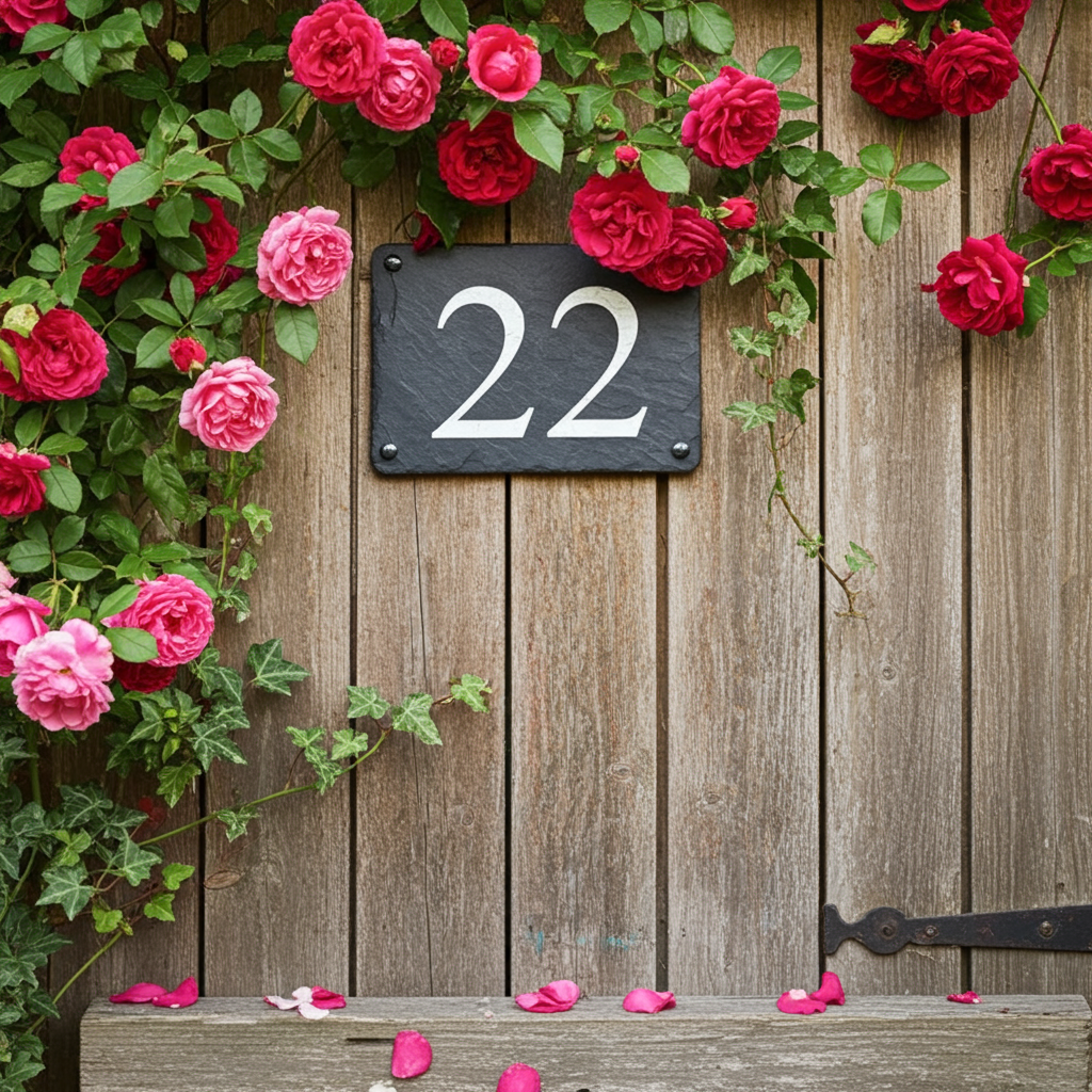 A black slate house number plaque with the number 22 in white, mounted on a rustic wooden fence and framed by blooming pink and red roses with green leaves.