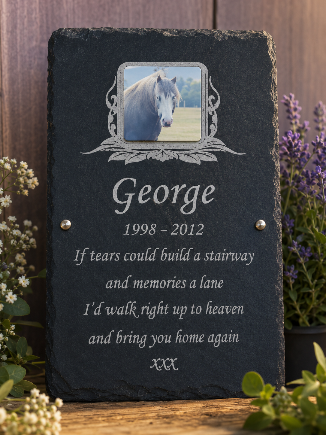 Personalised horse pony and donkey photo memorial plaque and natural slate equine grave marker with photograph, name, dates and remembrance wording