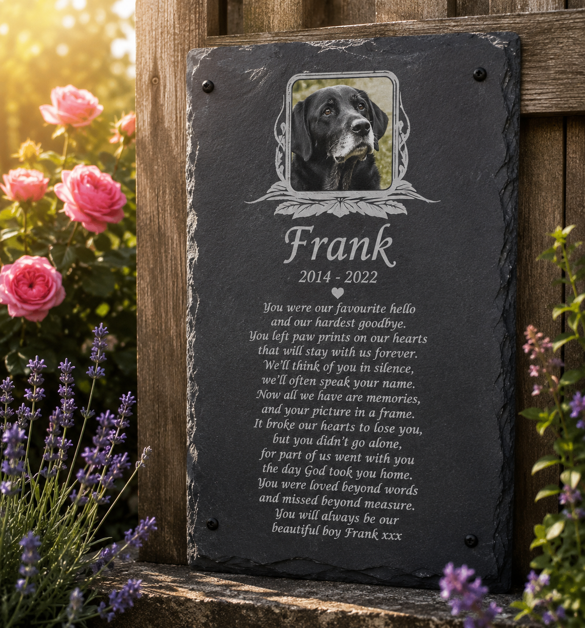 Personalised cat and dog photo memorial plaque and natural slate pet grave marker with photograph, name, dates and remembrance wording