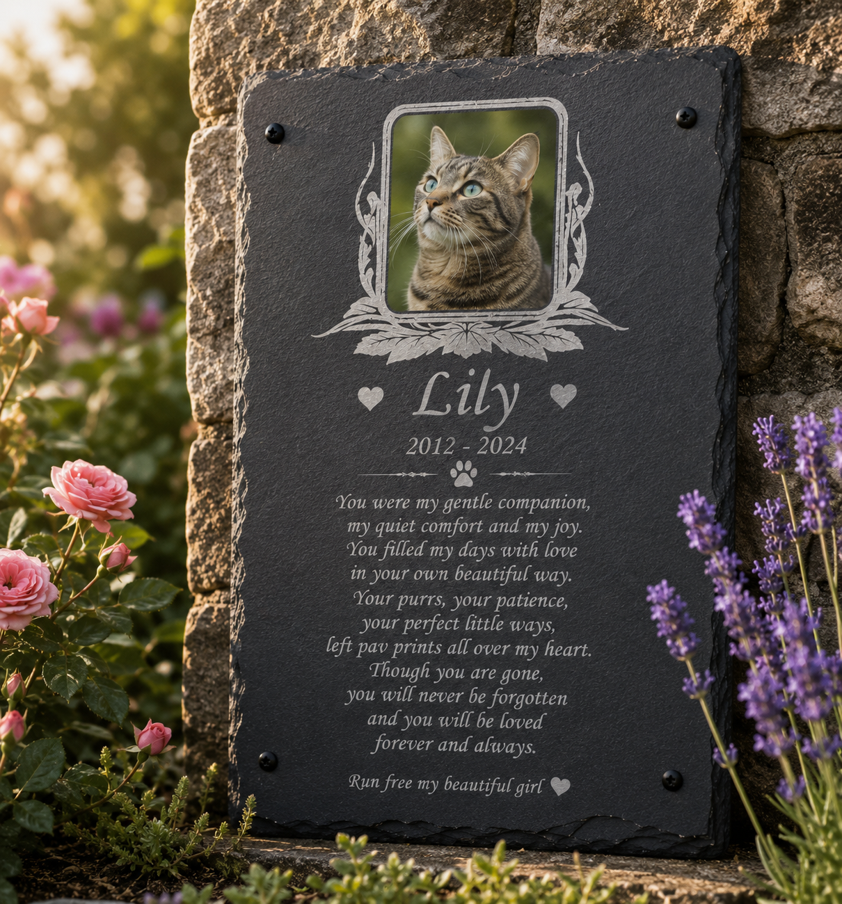 Personalised pet photo memorial plaque with colour pet photograph, laser etched name, dates and remembrance wording on natural slate