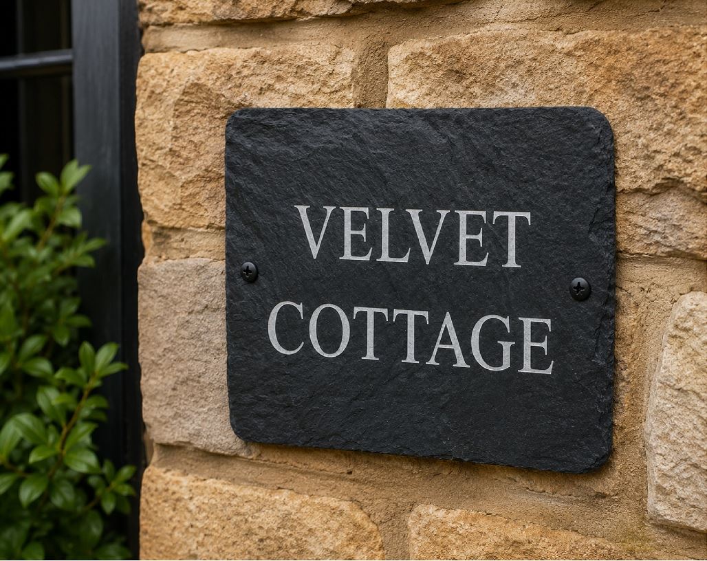 A rectangular black slate house sign with silver lettering that reads 'VELVET COTTAGE', mounted on a tan stone wall with green foliage visible on the left.