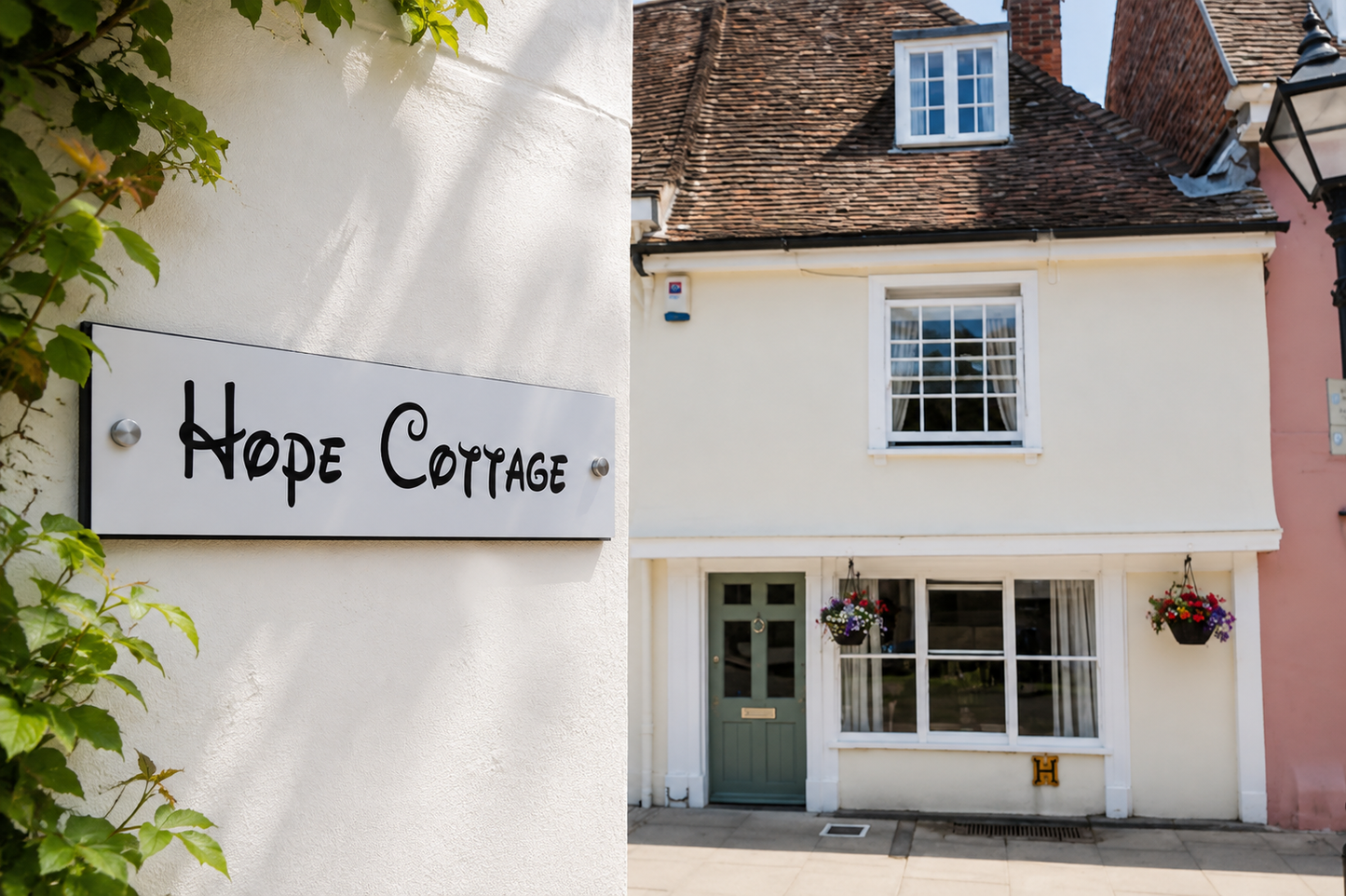 A white exterior wall with a rectangular sign reading “Hope Cottage” in black script, alongside a cream-colored cottage with a brown tiled roof, white-framed windows, a green front door, and hanging flower baskets.