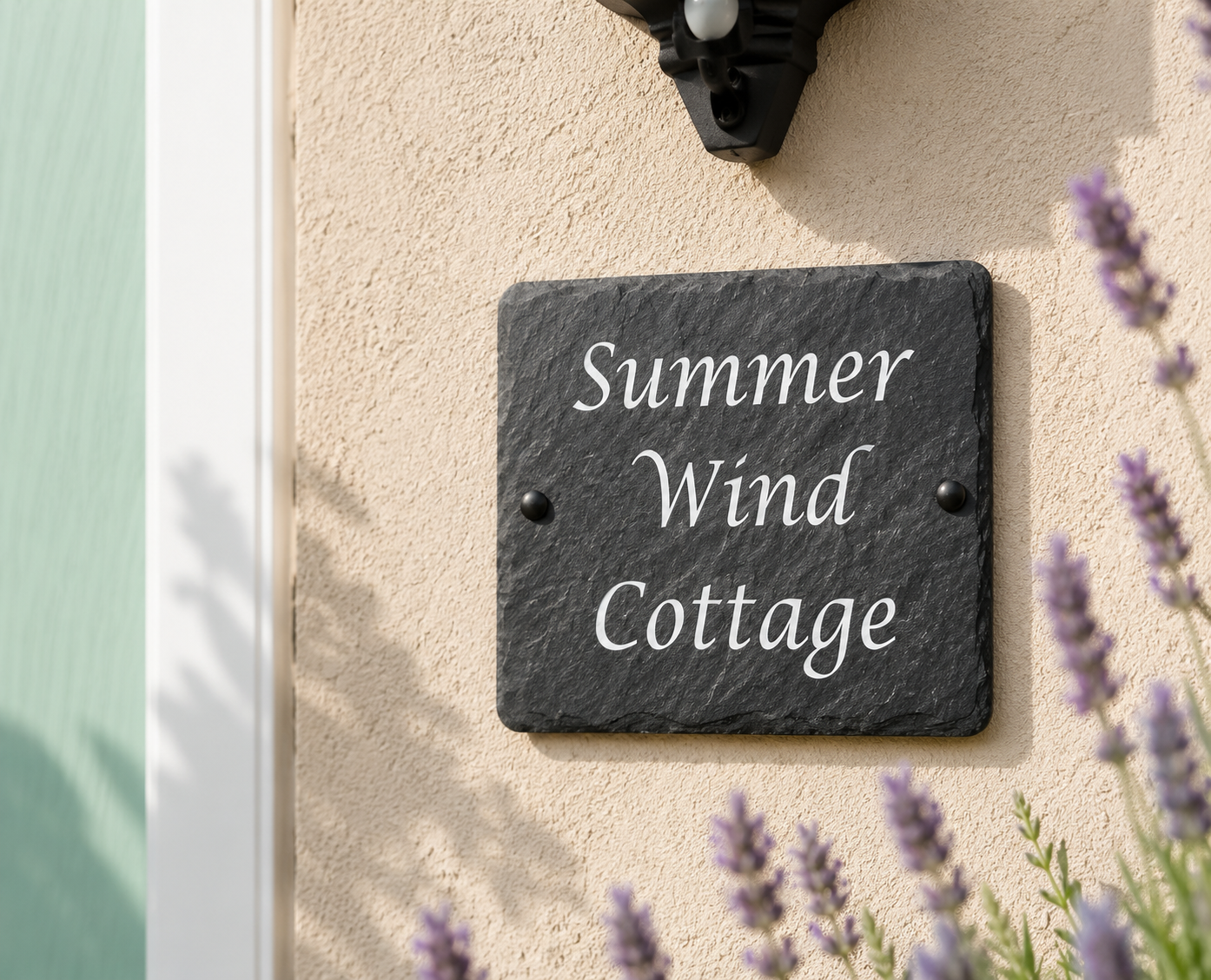 A rectangular dark slate house sign with white script text reading 'Summer Wind Cottage' mounted on a beige stucco wall, with lavender flowers in the foreground and a black wall light above.