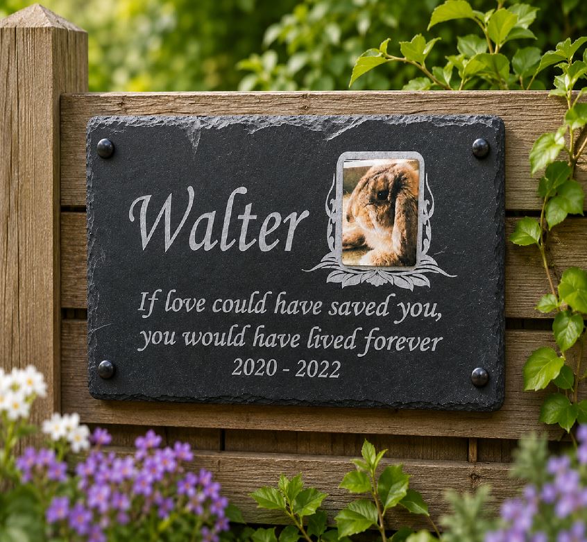 Personalised pet photo memorial plaque with colour pet photograph, laser etched name, dates and remembrance wording on natural slate