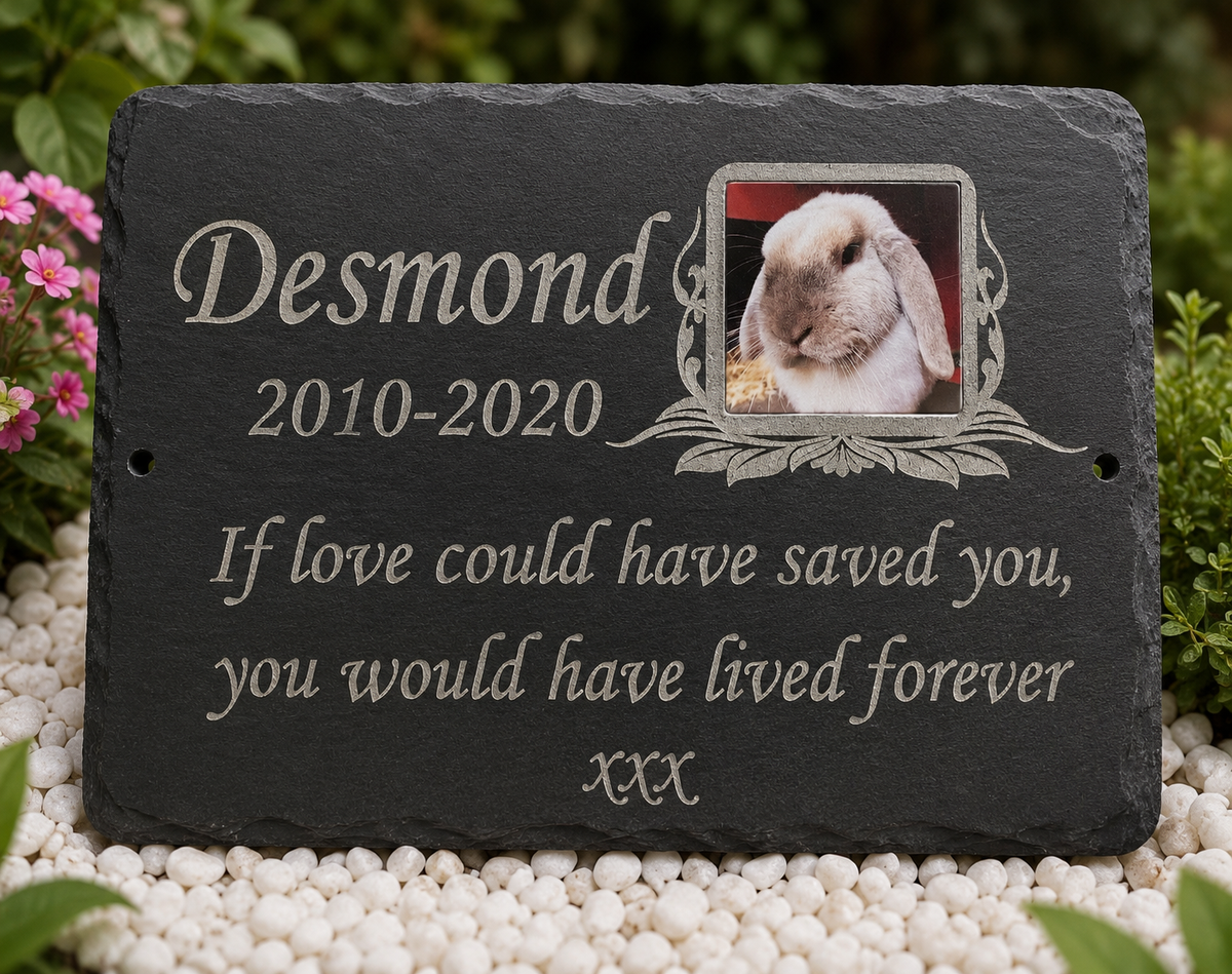 Personalised rabbit and guinea pig photo memorial plaque and grave marker for hamsters, birds, parrots, budgies, reptiles and tortoises