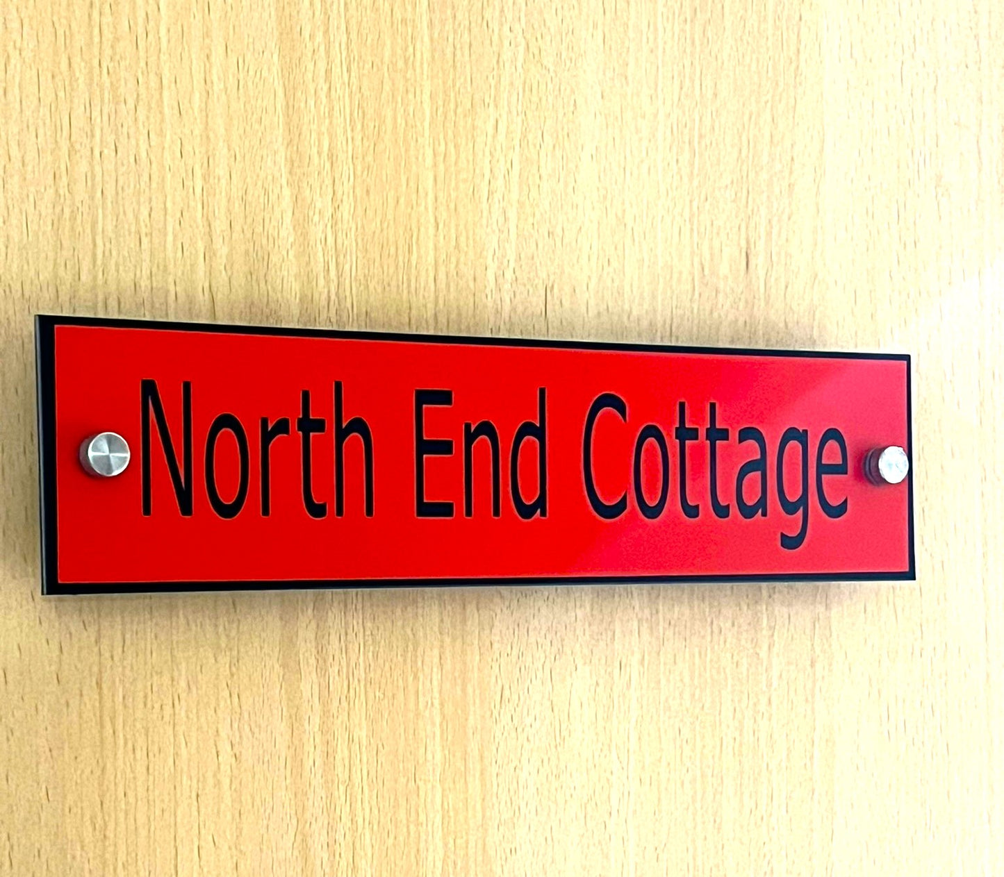 Red Aluminium House Sign with Black Lettering in Various Sizes
