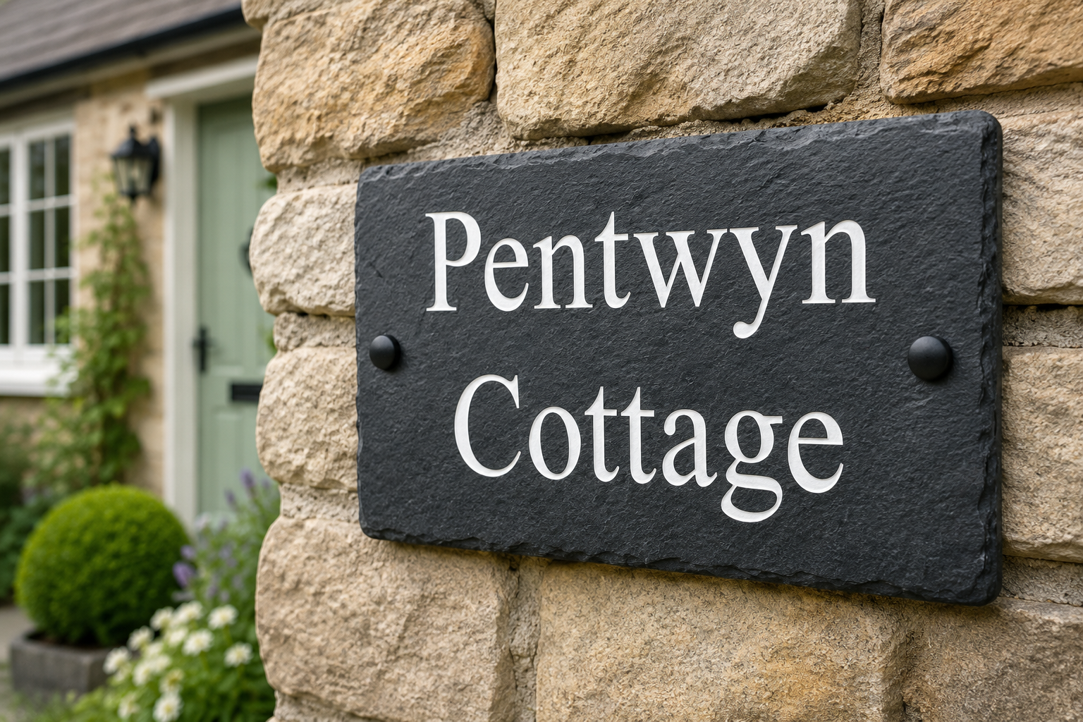 A rectangular black slate house sign with white lettering reading 'Pentwyn Cottage' mounted on a rustic stone wall, with part of a cottage and garden visible in the background.