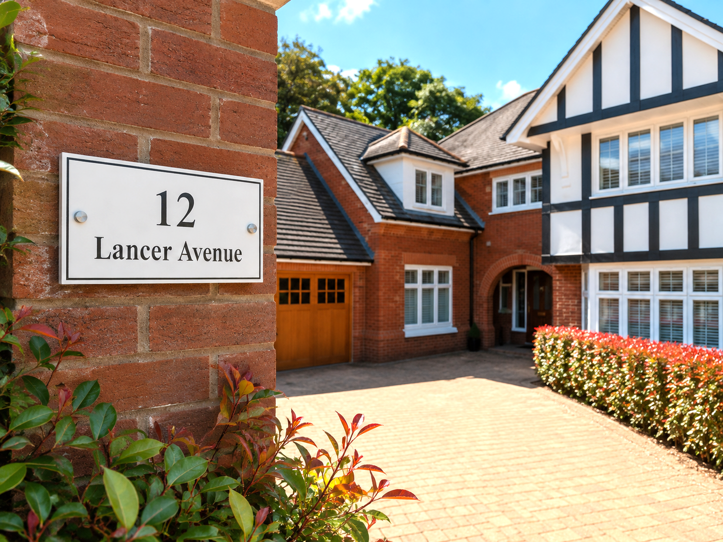 A brick house exterior with a white house number sign reading '12 Lancer Avenue' mounted on a red brick pillar. The scene includes a paved driveway, brick and white timber-style house facade, greenery, and blue sky.