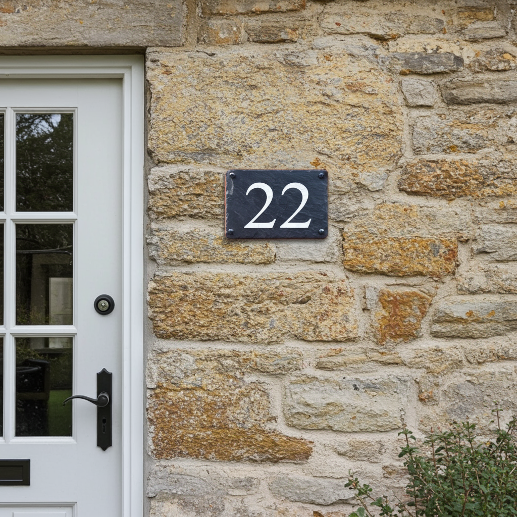 A black metal house number plaque with white numerals reading '22' mounted on a rustic stone wall next to a white door.