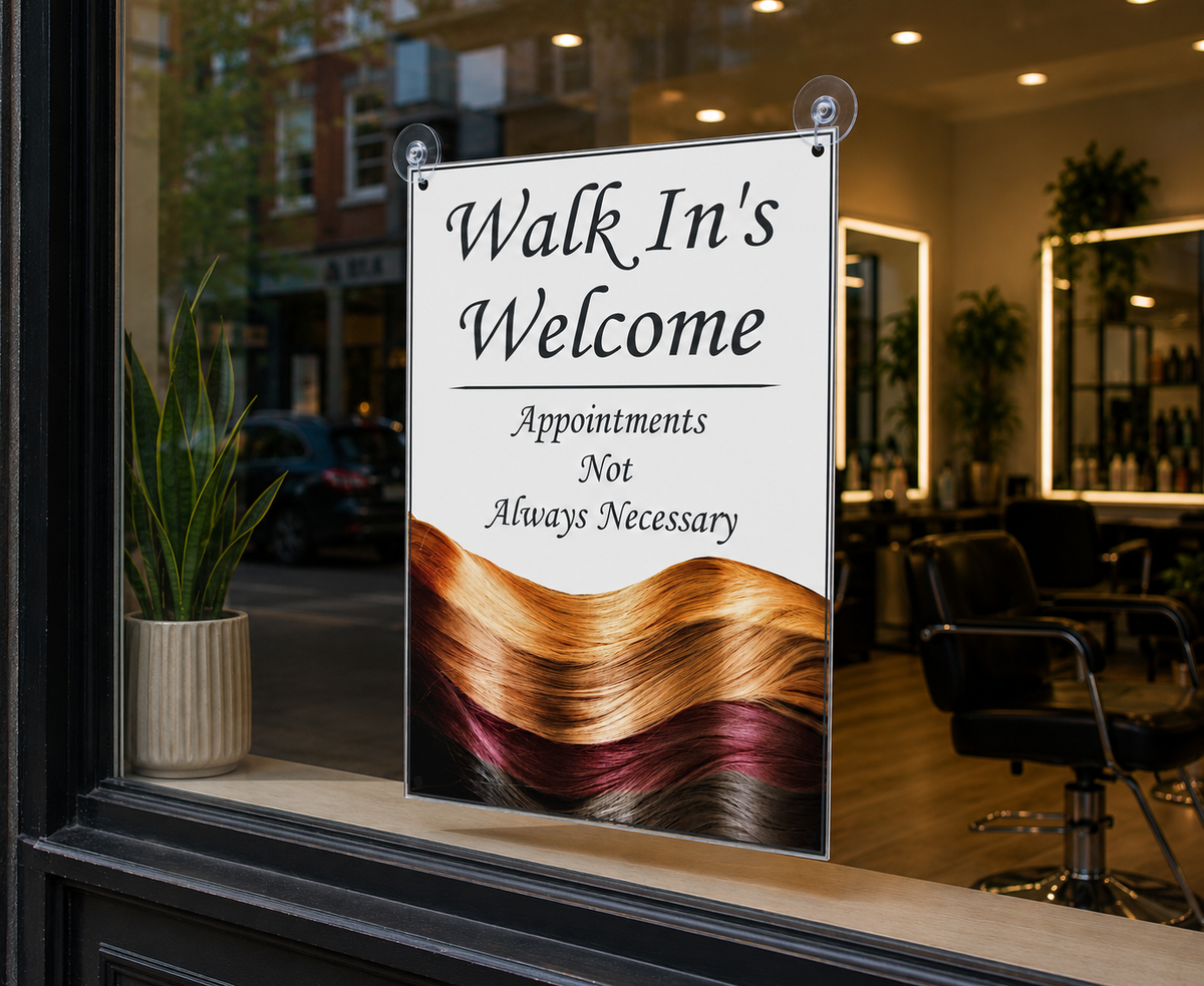 Walk In's Welcome hair salon sign with colourful hair design and appointment message