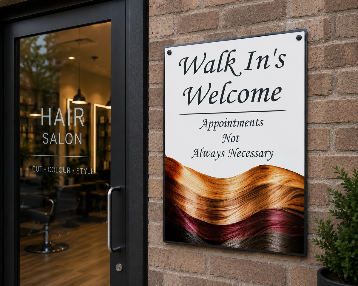 Walk In's Welcome hair salon sign with colourful hair design and appointment message