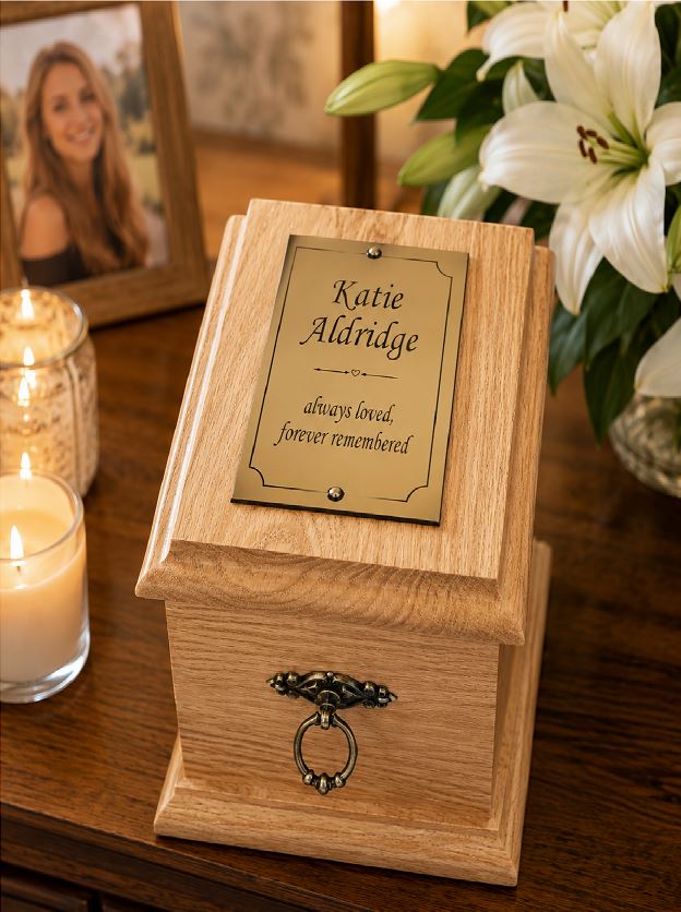A wooden keepsake urn box with a personalized brass plaque reading 'Katie Aldridge always loved. forever remembered,' shown on a wooden table with a lit candle, framed photo, and white lilies in the background.