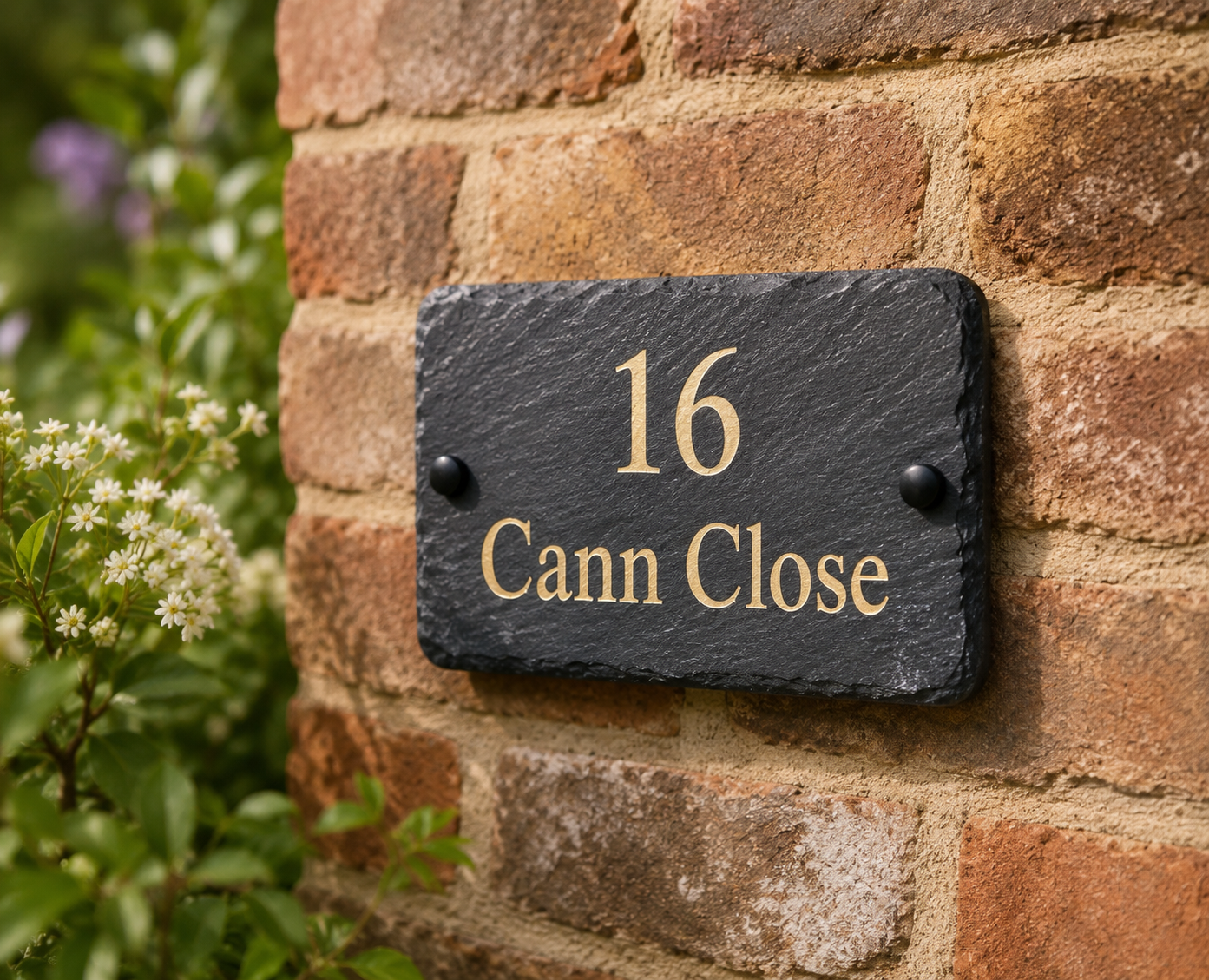 A rectangular black slate house number plaque with gold lettering reading '16 Cann Close', mounted on a red brick wall with green foliage visible on the left.