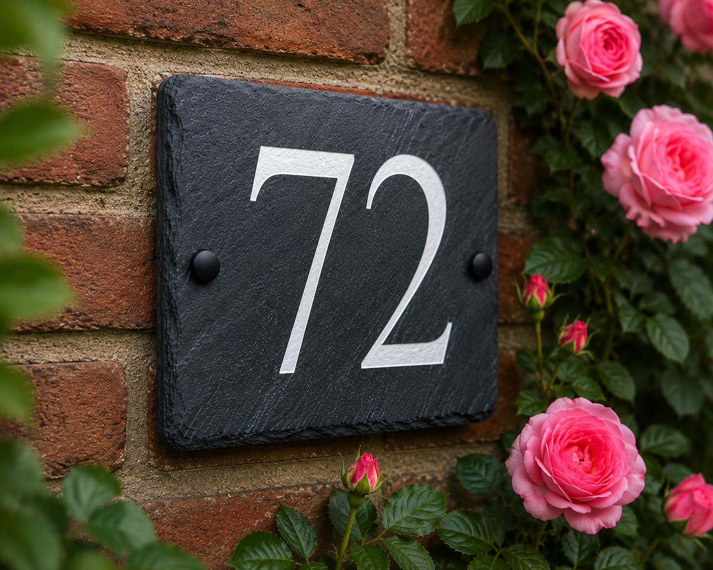 A rectangular black slate house number plaque displaying '72' in white, mounted on a red brick wall and framed by pink roses and green leaves.