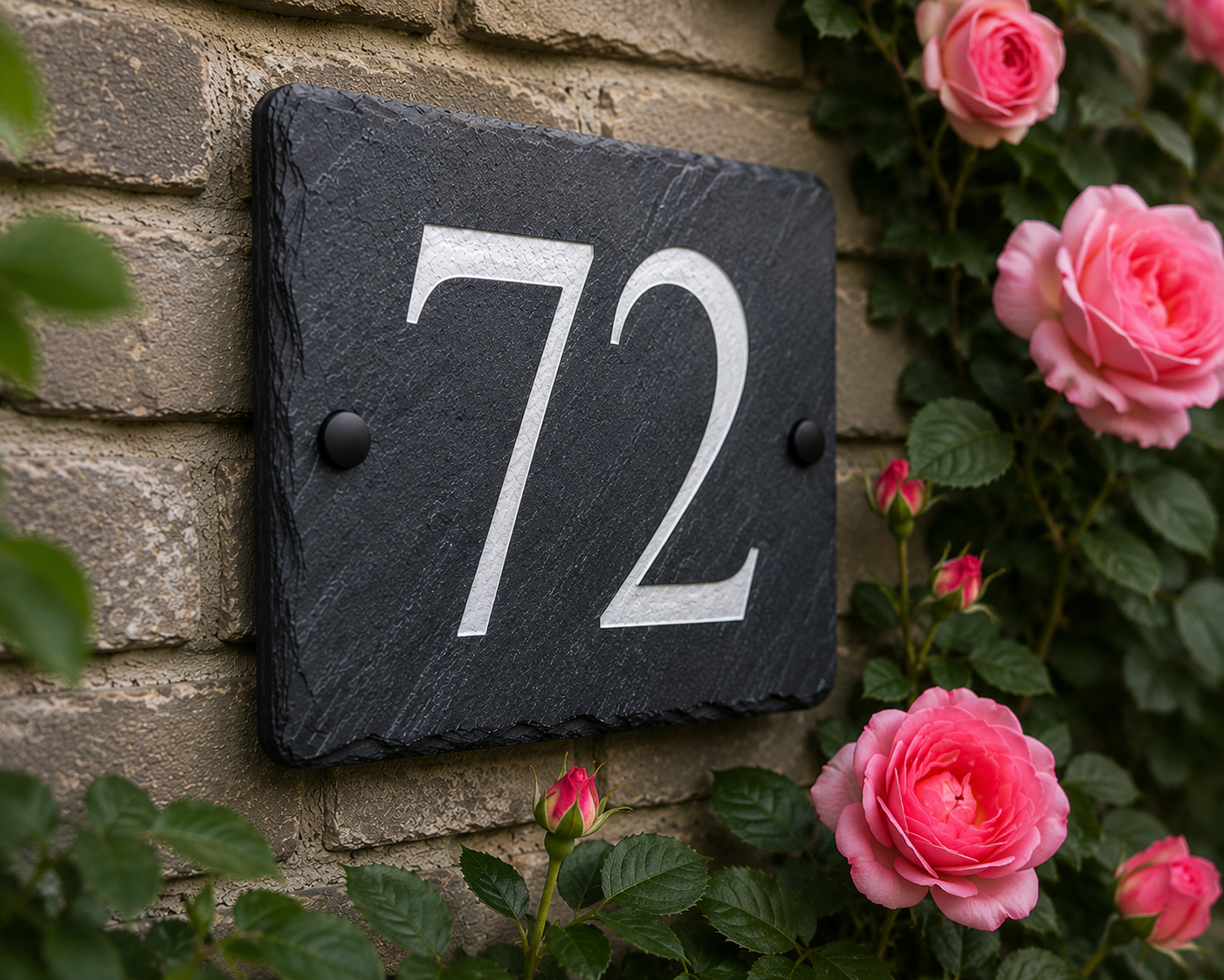 A rectangular black slate house number plaque with the number 72 in white, mounted on a beige brick wall and framed by pink roses and green leaves.
