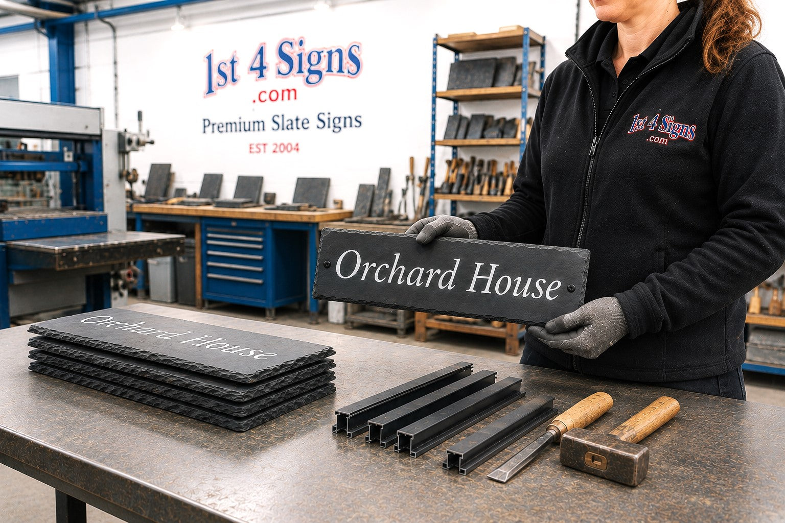 A person in a black work jacket and gloves holds a rectangular slate sign that reads 'Orchard House' in a workshop. Other slate signs, metal framing pieces, a hammer, and tools are visible on a workbench, with a large '1st 4 Signs' sign on the wall in the background.