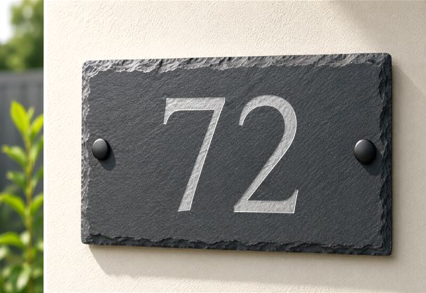 A rectangular dark slate house number plaque with the number 72 in raised silver lettering, mounted on a beige exterior wall with two round black screws visible.