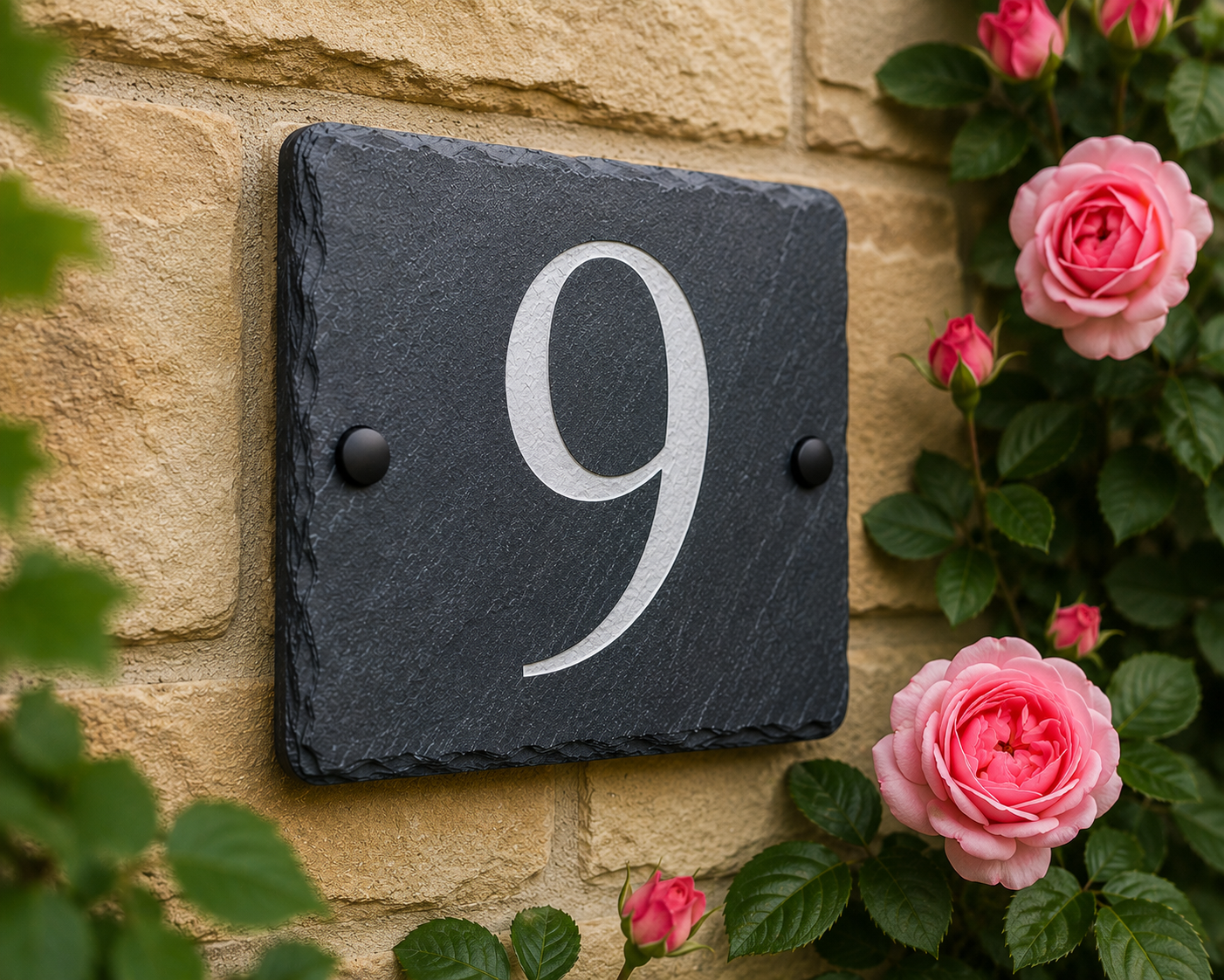 A rectangular dark slate house number plaque with the number 9 in white, mounted on a beige stone wall and framed by pink roses and green leaves.