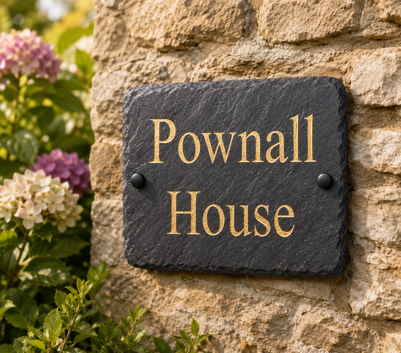 A rectangular black slate house plaque with gold lettering reading 'Pownall House,' mounted on a beige stone wall with green hydrangea flowers visible on the left.