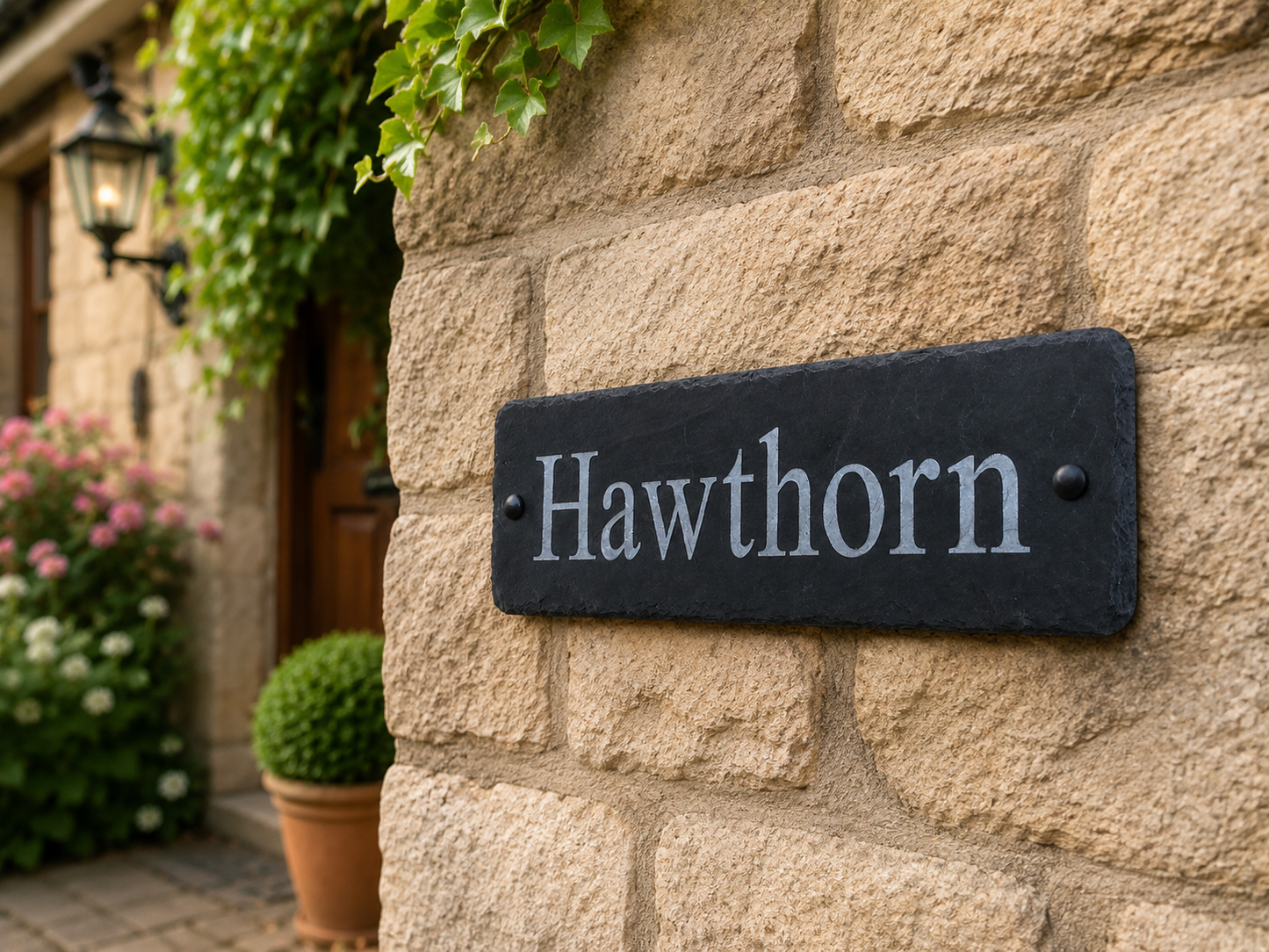 A rectangular black slate house name sign reading 'Hawthorn' in white lettering, mounted on a beige stone wall with green ivy and a house entrance visible in the background.