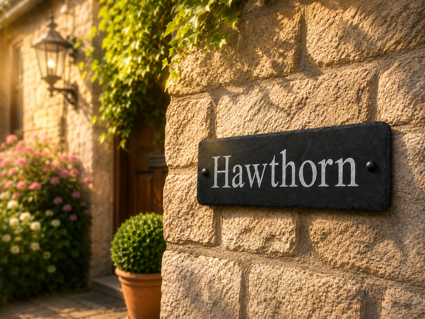 A rectangular black slate house name sign with the word 'Hawthorn' in white serif lettering, mounted on a warm beige stone wall beside a potted plant and flowering shrubs.