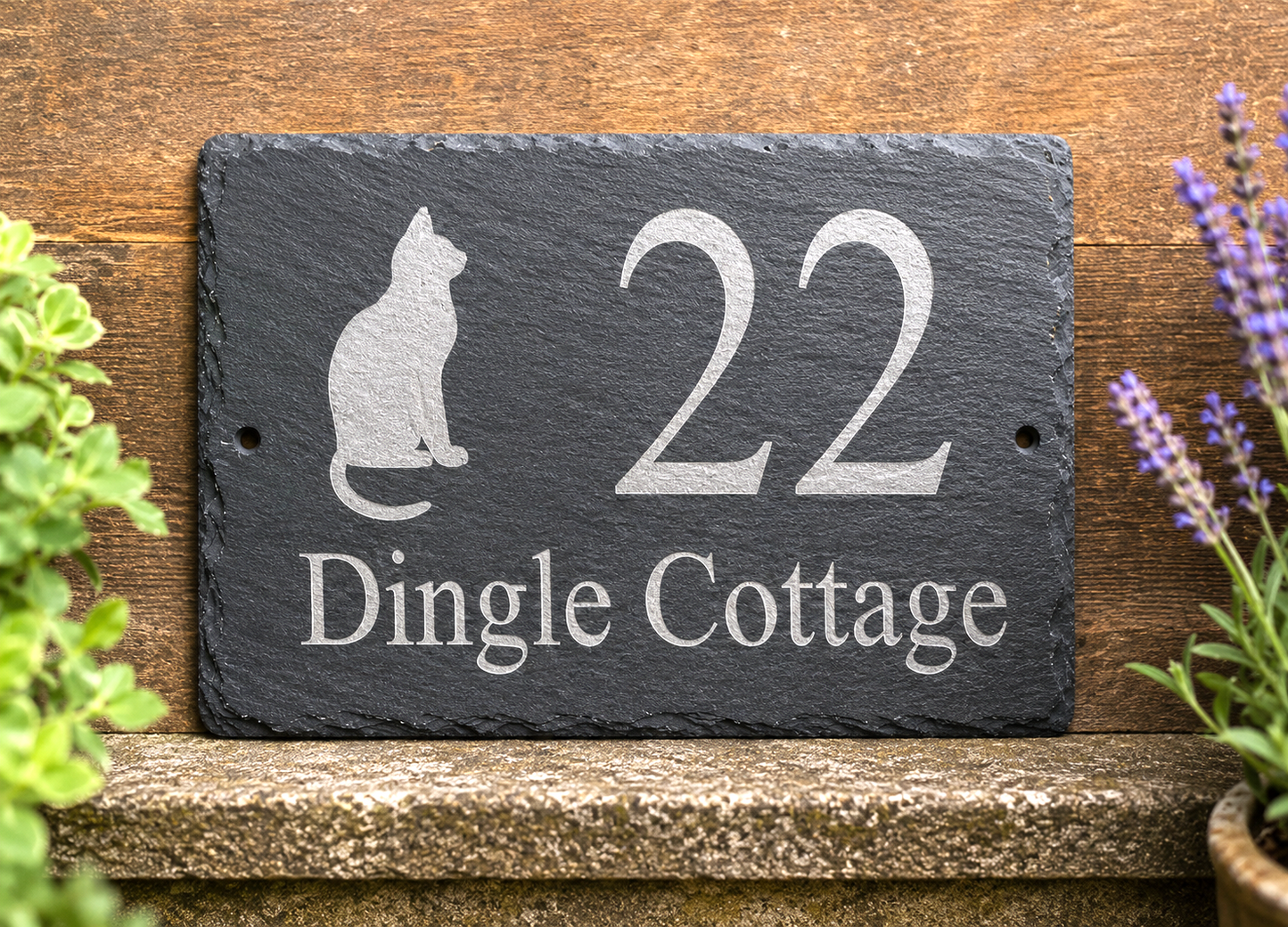 A rectangular dark slate house number plaque mounted on a wooden door, featuring a silver engraved cat silhouette, the number 22, and the text 'Dingle Cottage'.