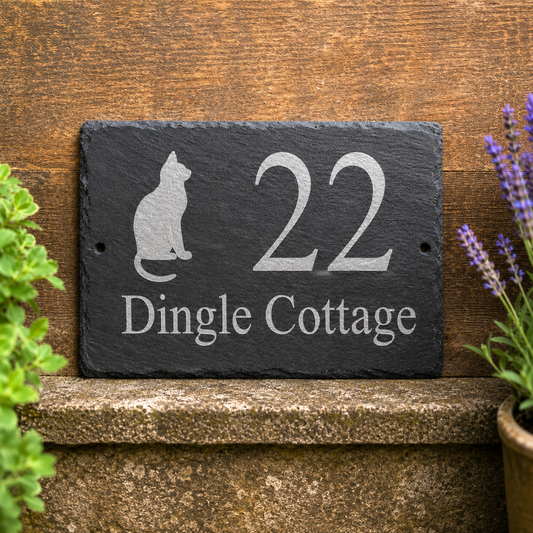 A rectangular dark slate house plaque engraved with a cat silhouette, the number 22, and the text 'Dingle Cottage,' mounted against a wooden wall with plants at the sides.