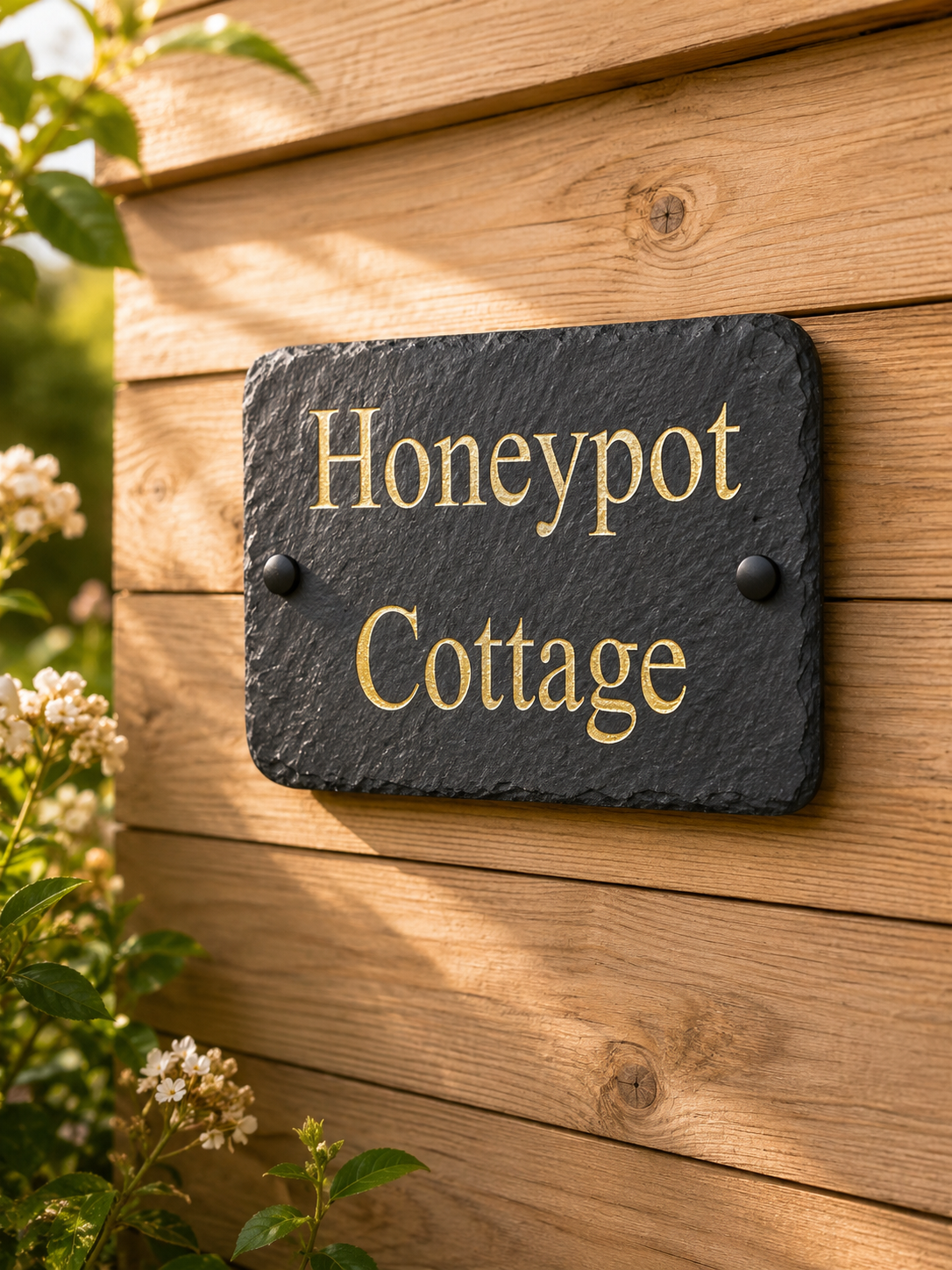 A rectangular black slate house sign with gold lettering reading 'Honeypot Cottage,' mounted on a wooden wall with greenery and small white flowers visible at the left edge.