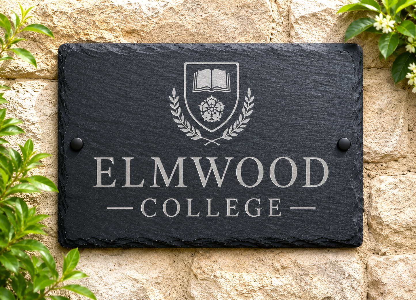 A rectangular black slate sign mounted on a beige stone wall, featuring a white crest with an open book and laurel branches above the words “ELMWOOD COLLEGE” in white lettering. Green leaves frame the top and left sides of the sign.