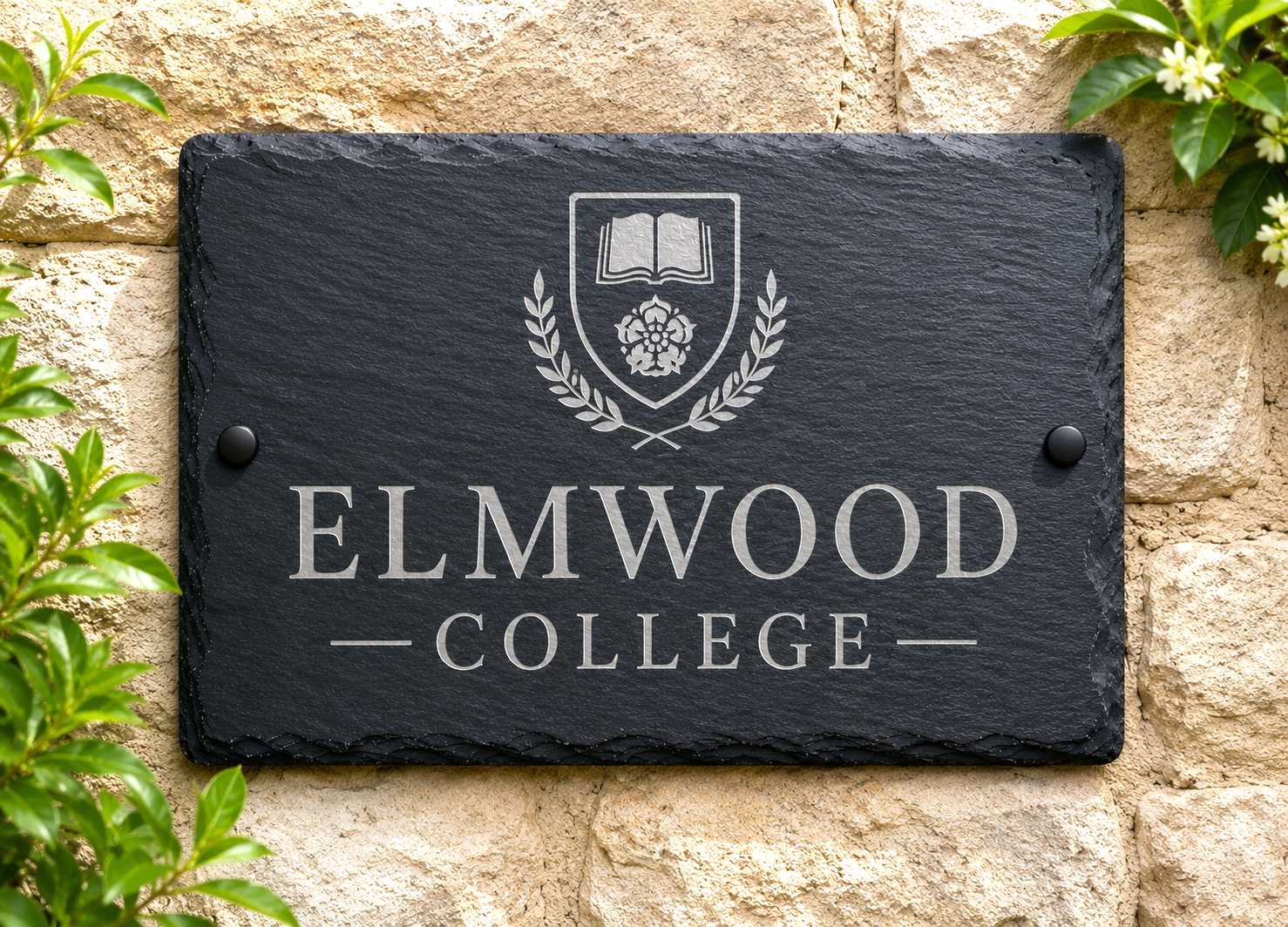 A rectangular black slate sign mounted on a beige stone wall, featuring a white crest with an open book and laurel branches above the words “ELMWOOD COLLEGE” in white lettering. Green leaves frame the top and left sides of the sign.