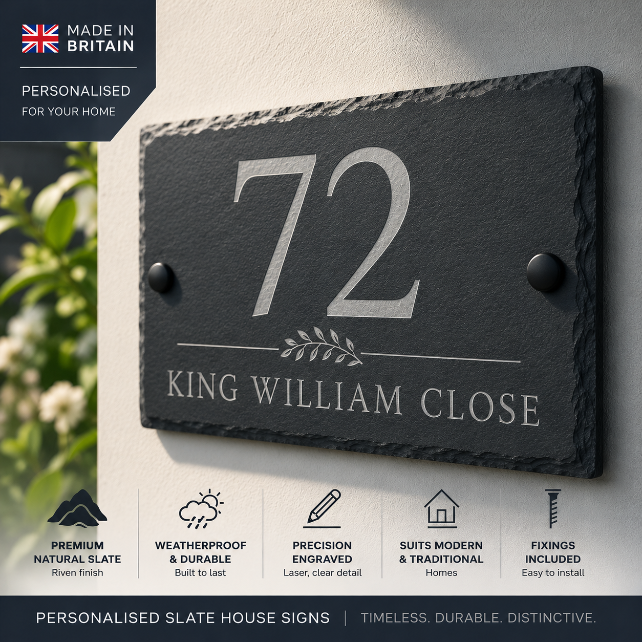 Personalised slate house sign featuring the number 72 and the text 'KING WILLIAM CLOSE' engraved in silver on a dark charcoal slate plaque, mounted on a light wall. The image includes promotional text overlays indicating 'Made in Britain' and feature icons at the bottom.