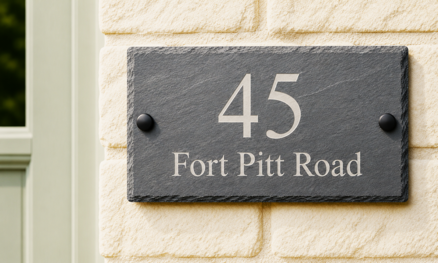 A rectangular dark slate house number plaque mounted on a light beige stone wall, featuring the number 45 and the text 'Fort Pitt Road' in light gray lettering.