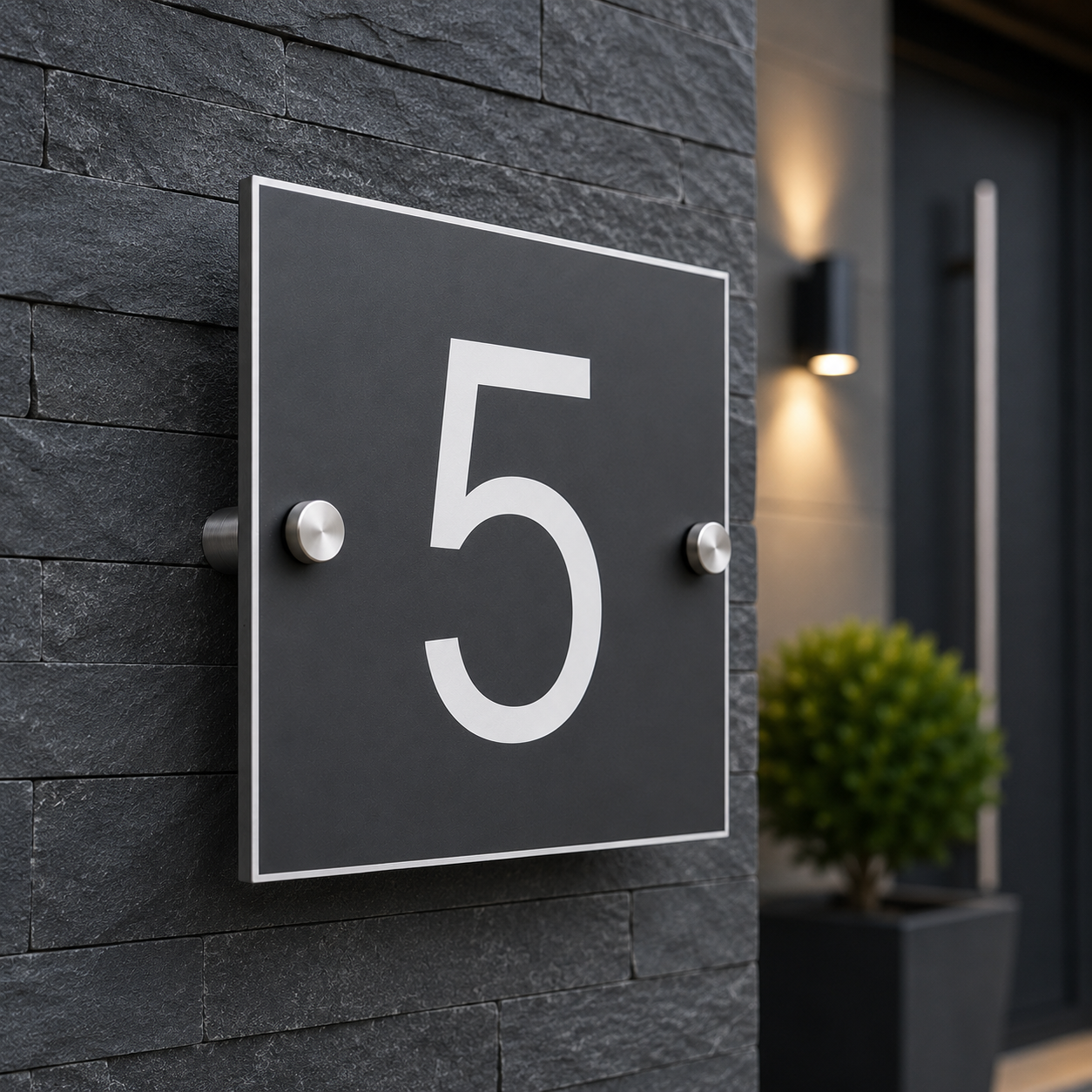 A modern square black house number sign with a white border and the number 5 in white, mounted on a dark gray textured stone wall.