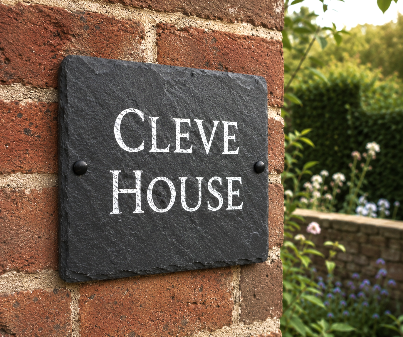 A rectangular black slate house plaque with white lettering reading 'CLEVE HOUSE', mounted on a red brick wall with garden foliage visible in the background.