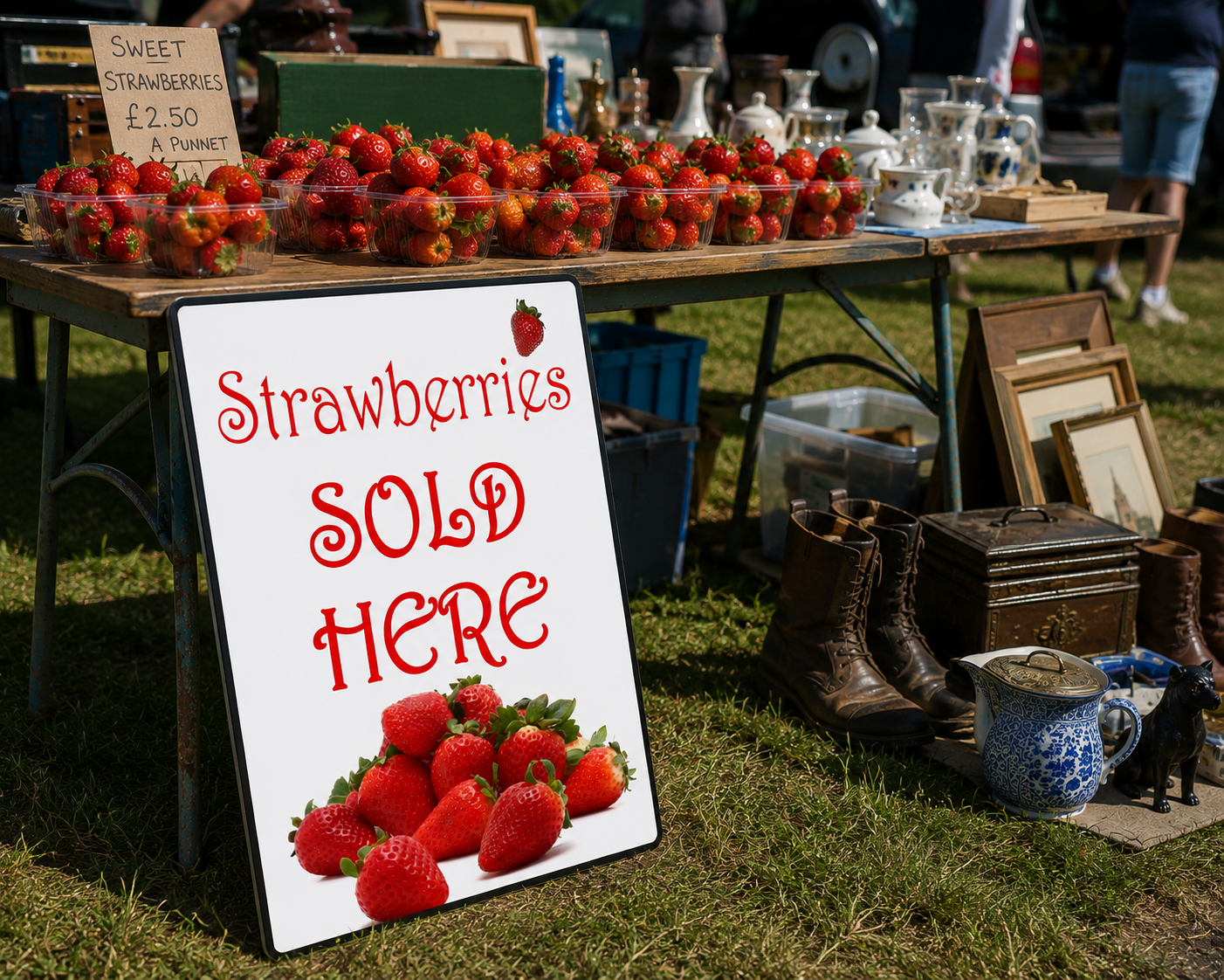Strawberries Sold Here sign with fresh strawberries for farm gate and roadside sales