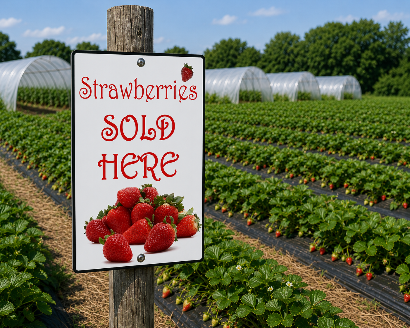 Strawberries Sold Here sign with fresh strawberries for farm gate and roadside sales