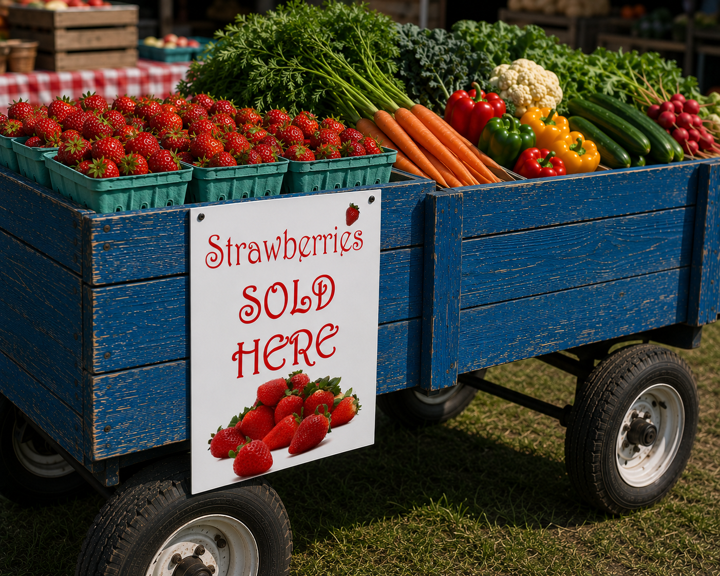 Strawberries Sold Here sign with fresh strawberries for farm gate and roadside sales