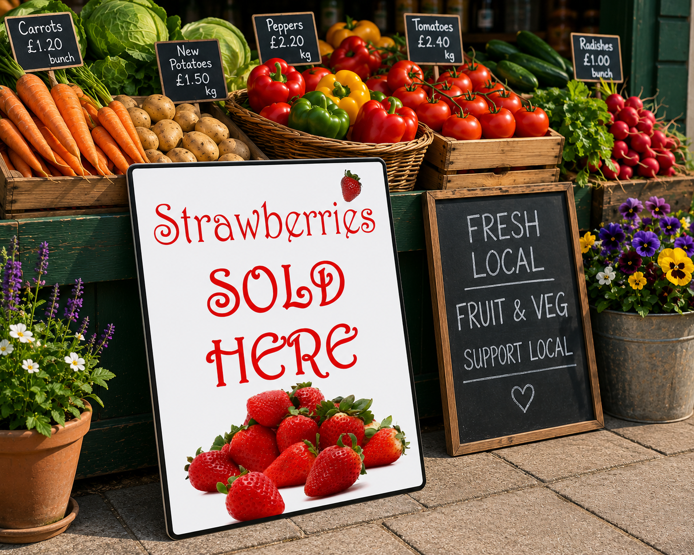 Strawberries Sold Here sign with fresh strawberries for farm gate and roadside sales