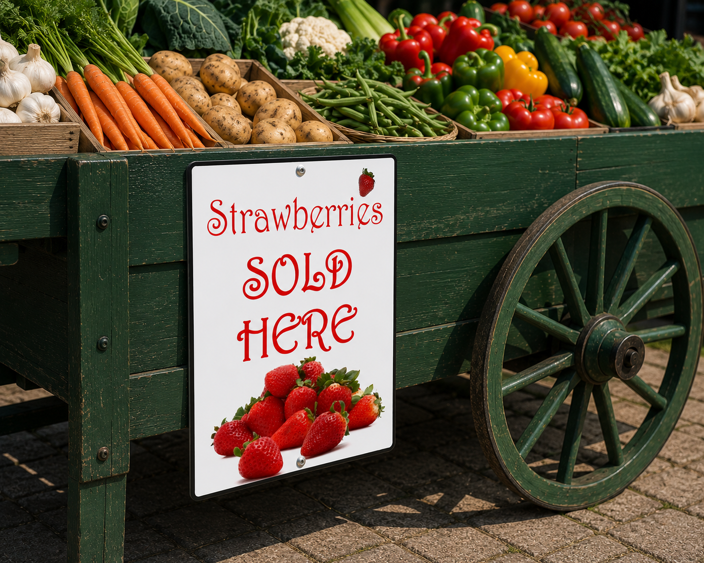 Strawberries Sold Here sign with fresh strawberries for farm gate and roadside sales