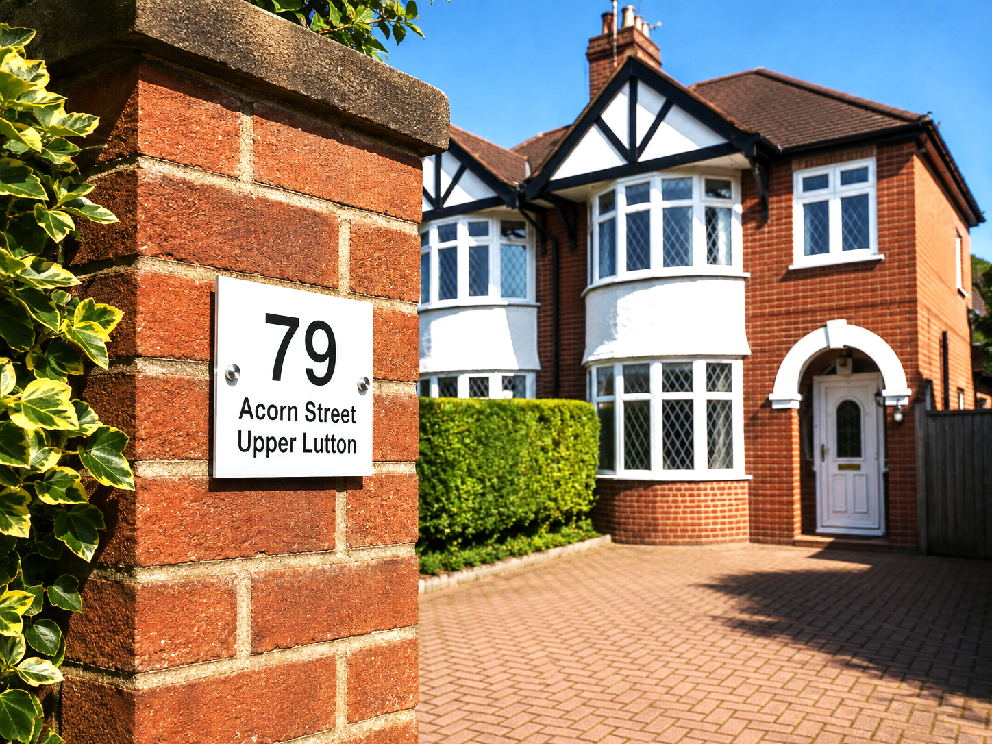 A red brick house with white bayonics and a white front door, shown with a brick driveway and a brick pillar bearing a house number sign reading 79 Acorn Street Upper Lutton.
