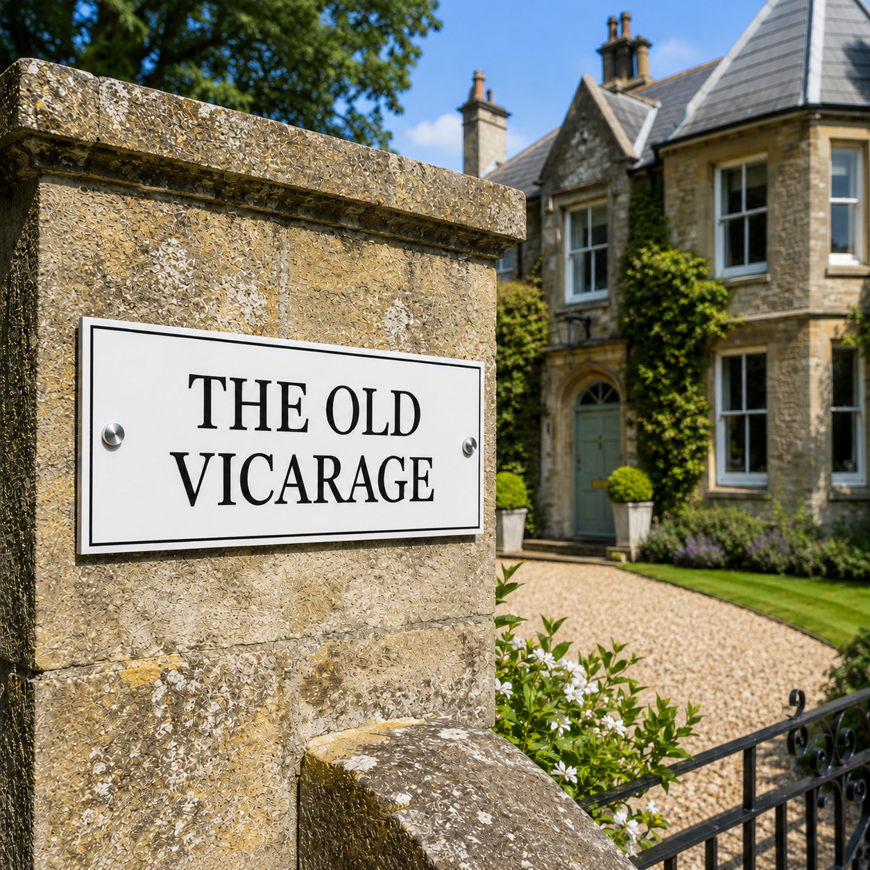 A white rectangular sign with black text reading 'THE OLD VICARAGE' mounted on a stone pillar, with a large stone cottage, greenery, and a gravel path in the background.