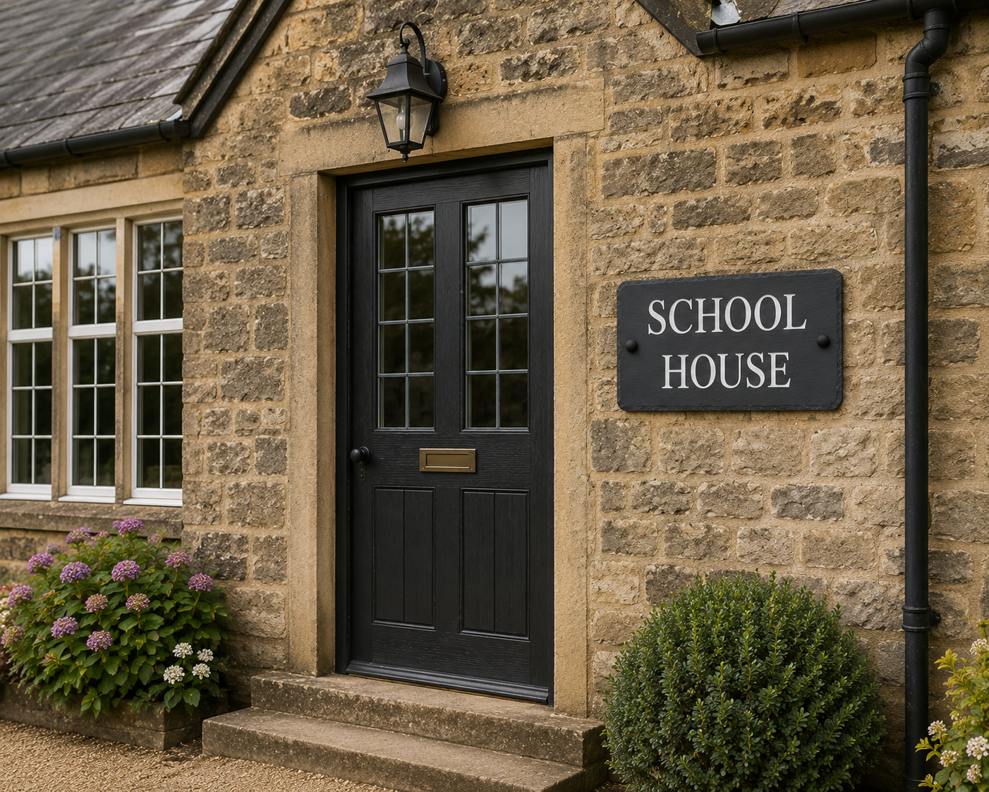 A black front door with glass panes set in a tan stone building, with a black 'SCHOOL HOUSE' sign on the wall and small plants at the base.