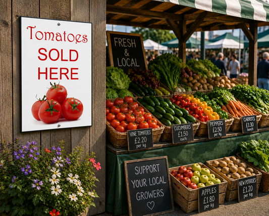 Tomatoes Sold Here sign with fresh tomatoes for farm gate and roadside sales