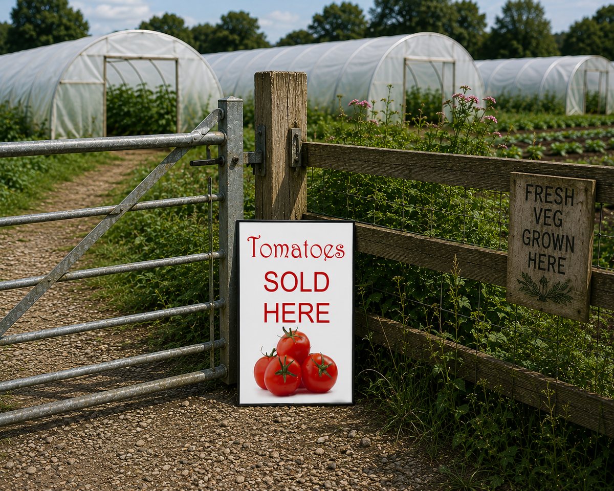 Tomatoes Sold Here sign with fresh tomatoes for farm gate and roadside sales