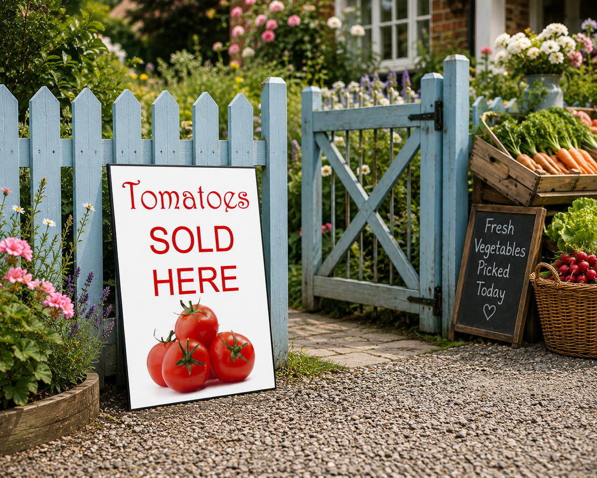 Tomatoes Sold Here sign with fresh tomatoes for farm gate and roadside sales