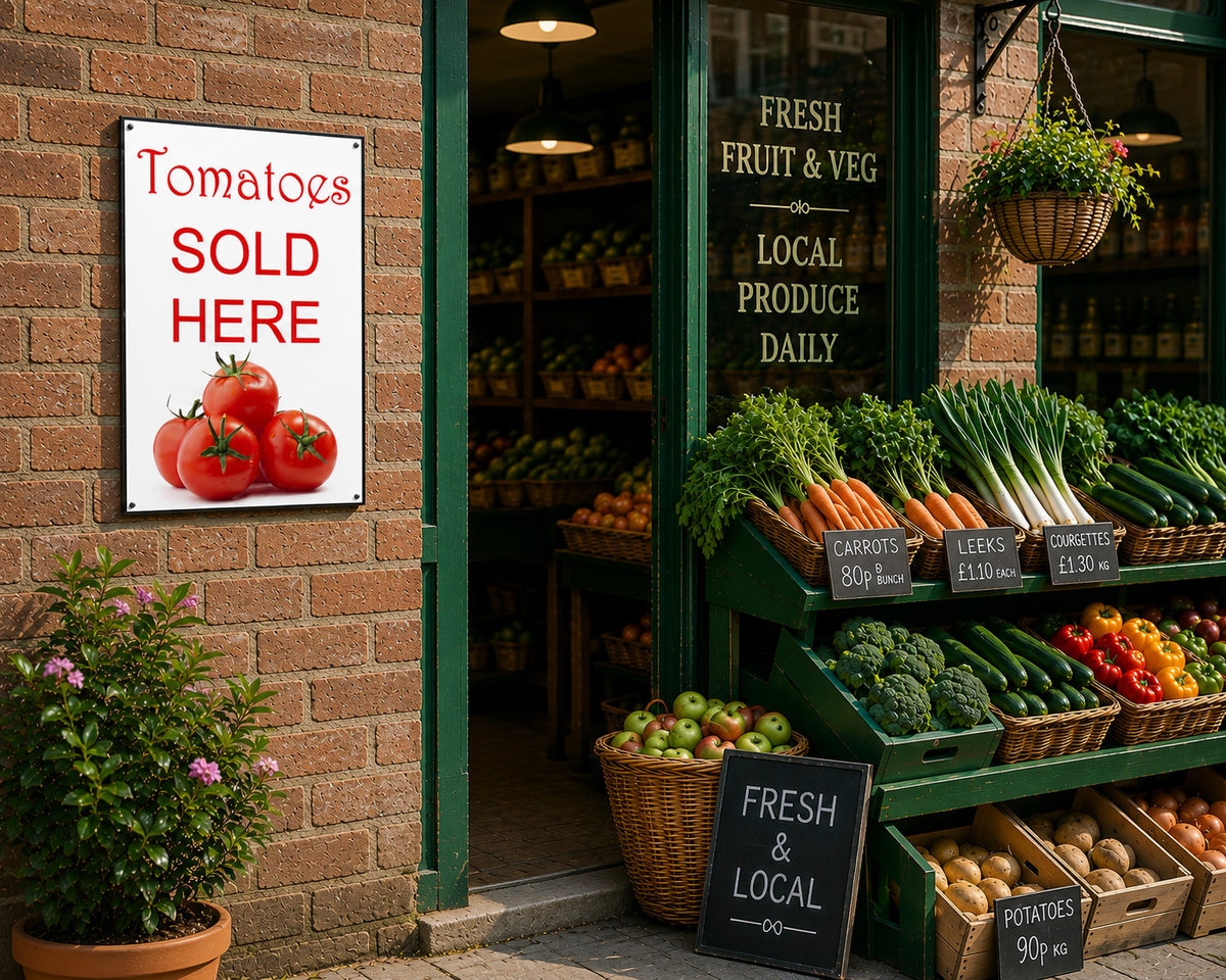 Tomatoes Sold Here sign with fresh tomatoes for farm gate and roadside sales