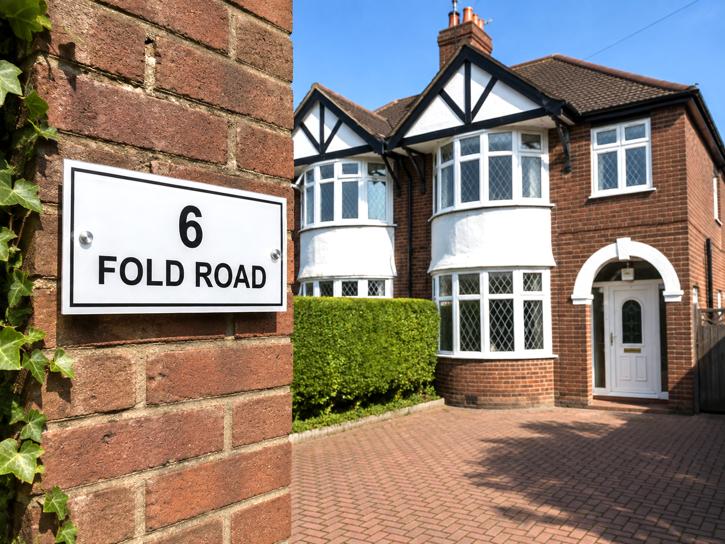 A white street address sign reading '6 FOLD ROAD' mounted on a red brick wall, with a red brick house, white bay windows, green hedges, and a paved driveway in the background.