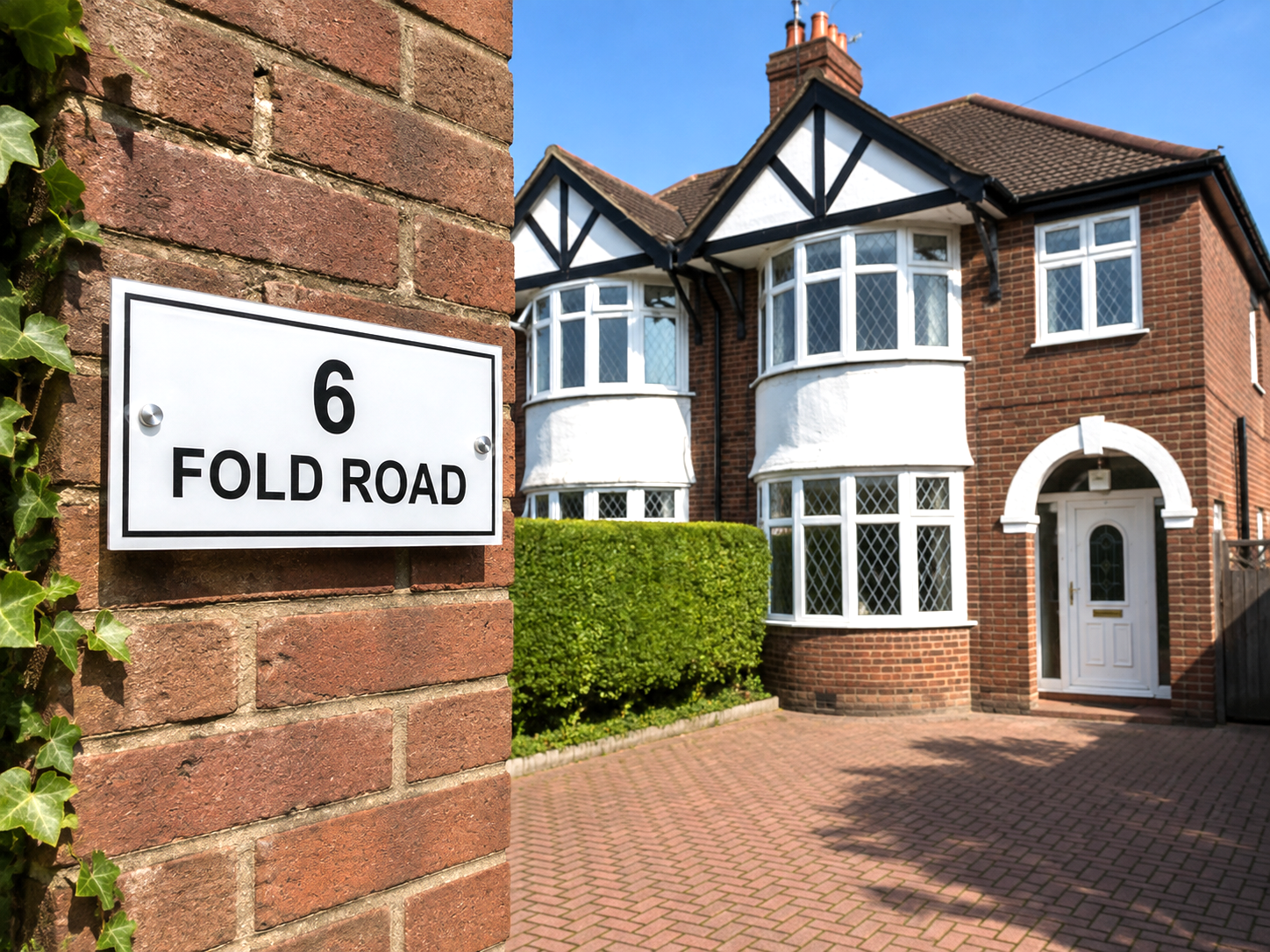 A white street address sign reading '6 FOLD ROAD' mounted on a red brick wall, with a red brick house, white bay windows, green hedges, and a paved driveway in the background.