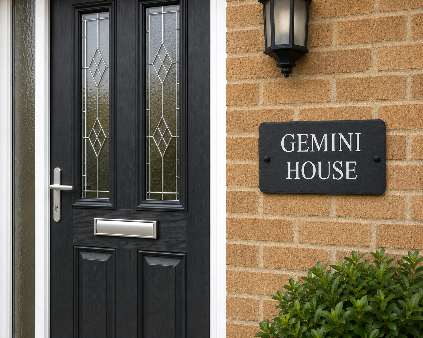 A black composite front door with two decorative glass panels, a silver handle, and a silver letterbox, set next to a beige brick wall with a black wall-mounted lantern and a black 'GEMINI HOUSE' nameplate.