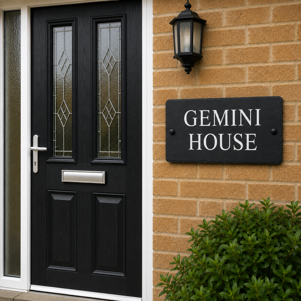 A black composite front door with two decorative glass panels, set in a white-framed entryway beside a tan brick wall. A black wall-mounted lantern hangs above a black plaque reading 'GEMINI HOUSE,' with green shrubs at the bottom right.